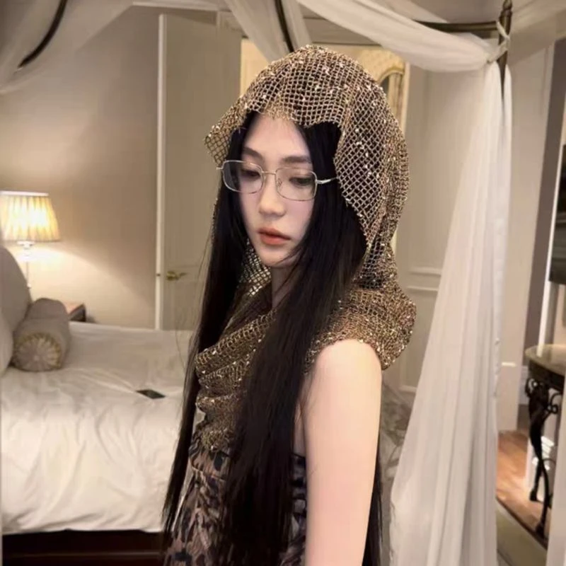 末日废土风沙丘2辣妹头巾帽子女凹造型个性镂空亮片包头连帽潮