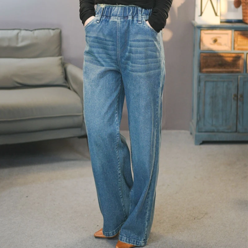 丹丹6819蓝牛仔裤女士阔腿裤复古加厚高腰松紧腰遮胯显瘦哈伦裤