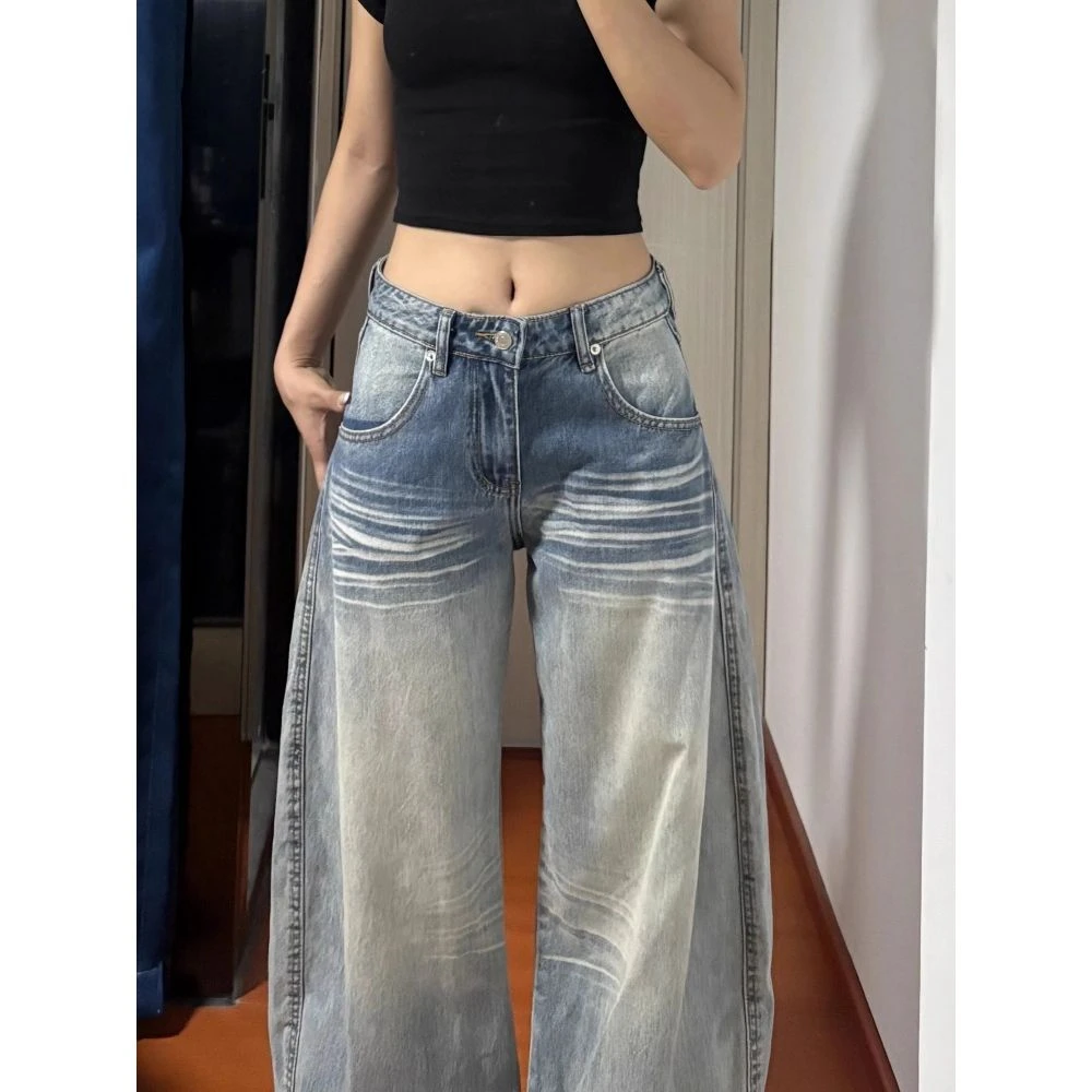 美式水洗立体猫须设计感弯刀裤女2025秋季新款宽松显瘦垂感拖地裤