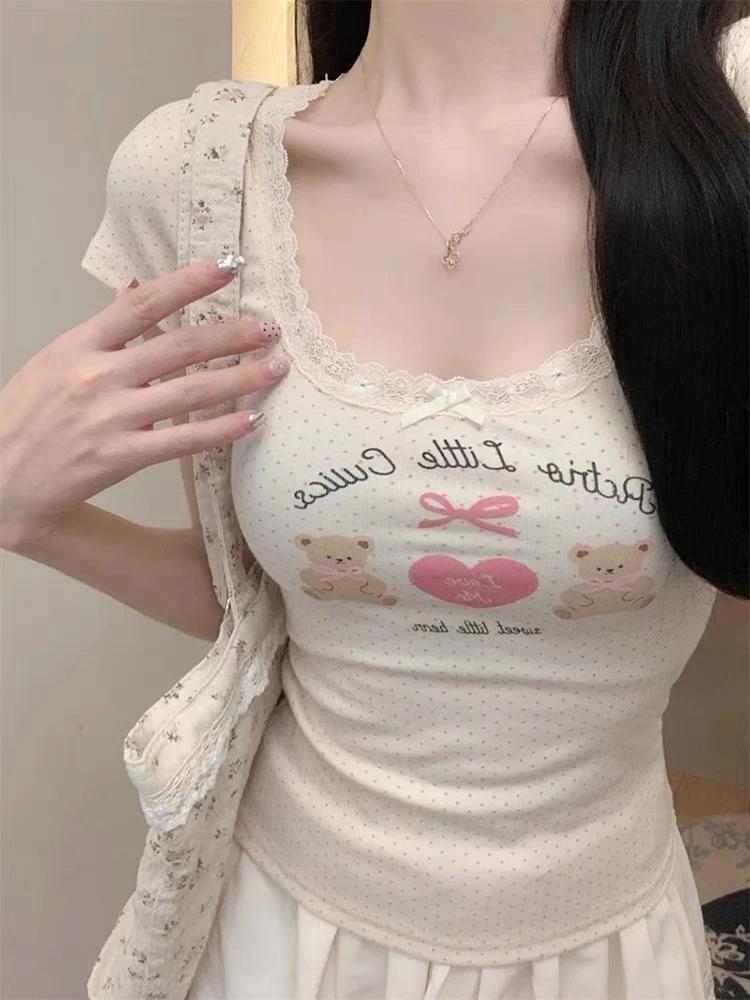 短袖印花蝴蝶结波点蕾丝打底T恤辣妹薄款内搭显瘦