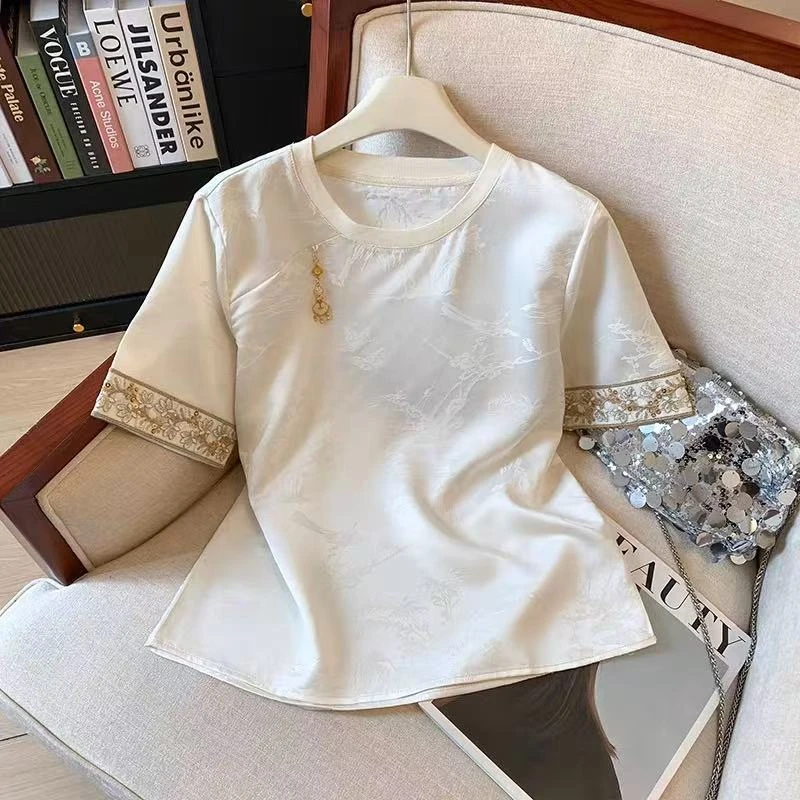 024新品国风刺绣夏季短袖t恤上衣圆领衬衫短袖