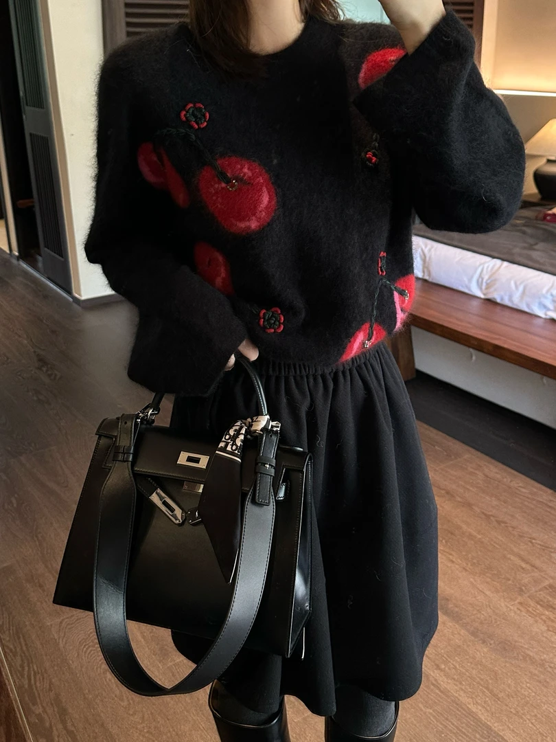 R123556W【羊绒+羊毛】套头樱桃冬季长袖圆领高领时尚毛针织衫