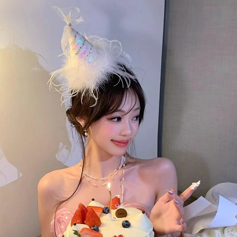 奶油蓬蓬~羽毛生日帽女网纱蝴蝶结发夹节日氛围头饰派对拍照道具