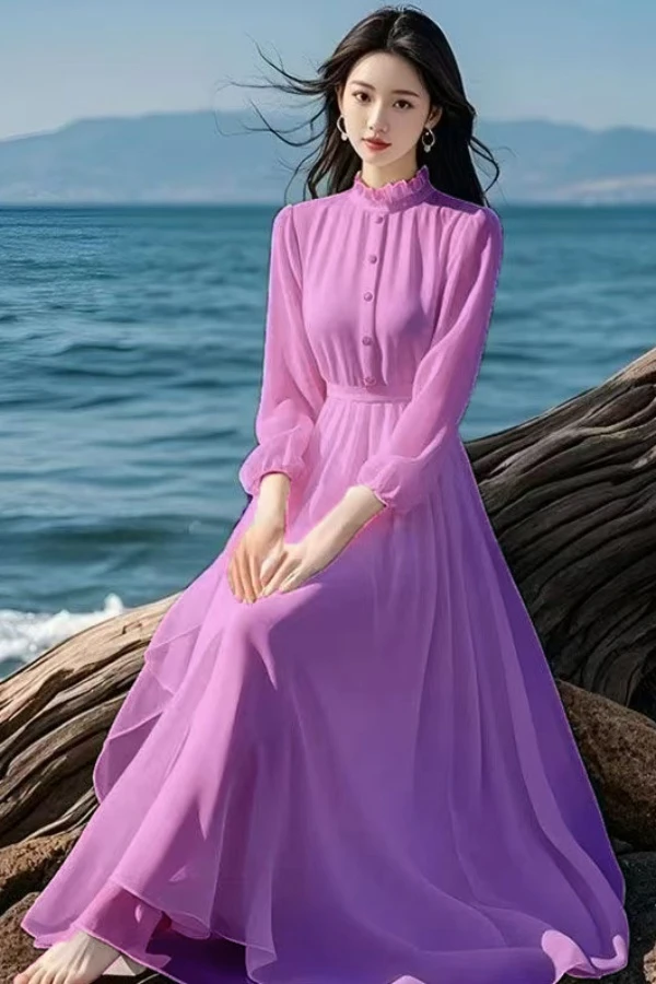 法式雪纺气质连衣裙显瘦旅游拍照高级感收腰度假礼服飘逸仙女长裙