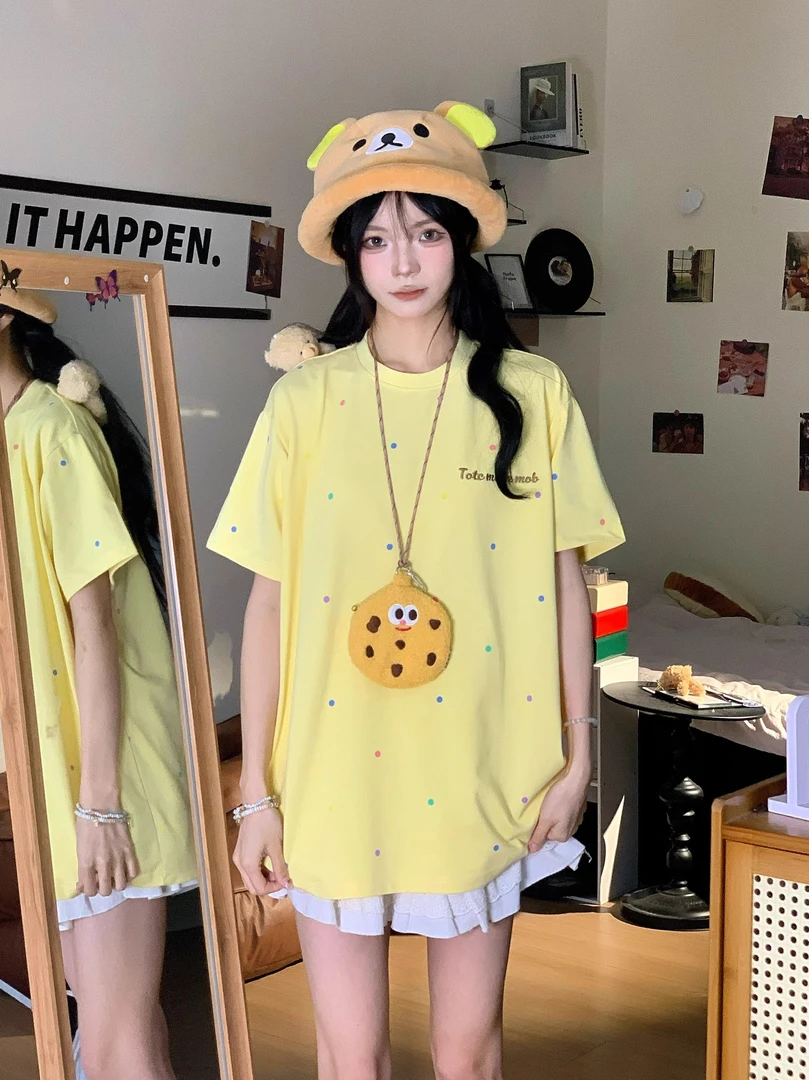 2025新款可爱波点挂件小熊短袖t恤女夏季宽松休闲设计感chic上衣