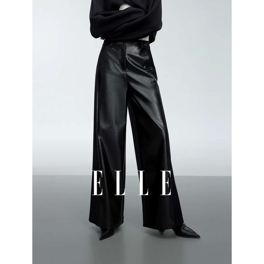 ELLE法式高级感宽松阔腿皮裤女2025春季新小个子洋气PU皮EK50436