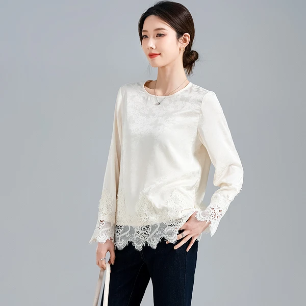 燕苹春季新款休闲优雅百搭中长款圆领宽松纯色蕾丝打底衫ZQY25-07