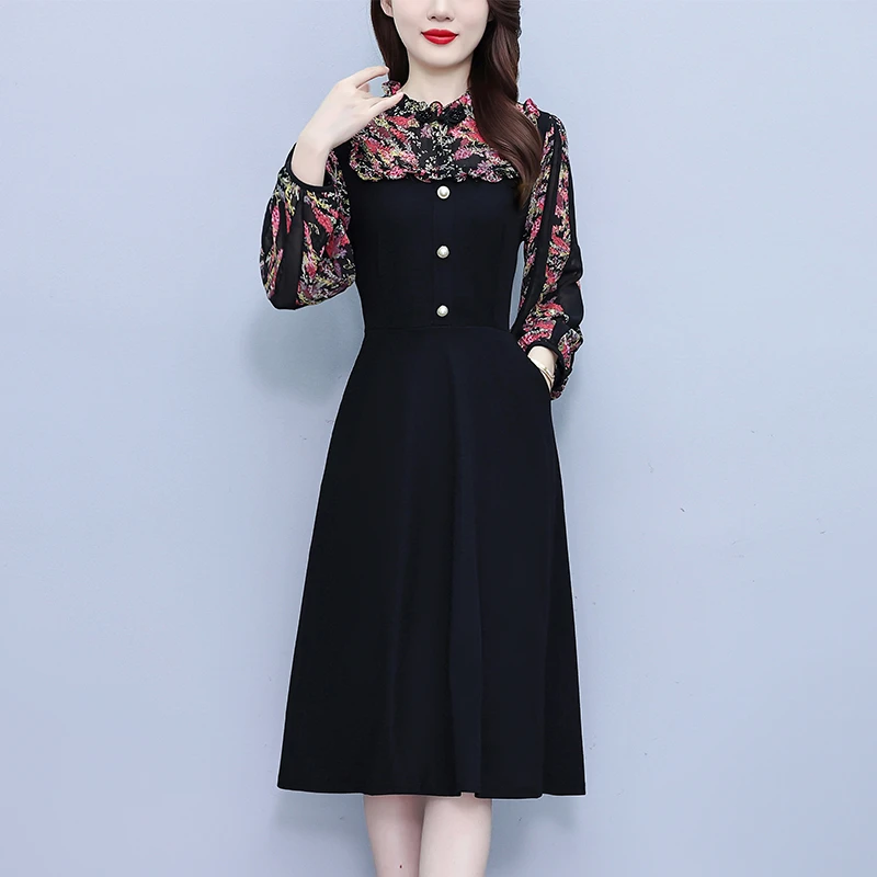 春秋长袖碎花连衣裙新款黑色拼接假两件气质显瘦减龄遮肚子连衣裙