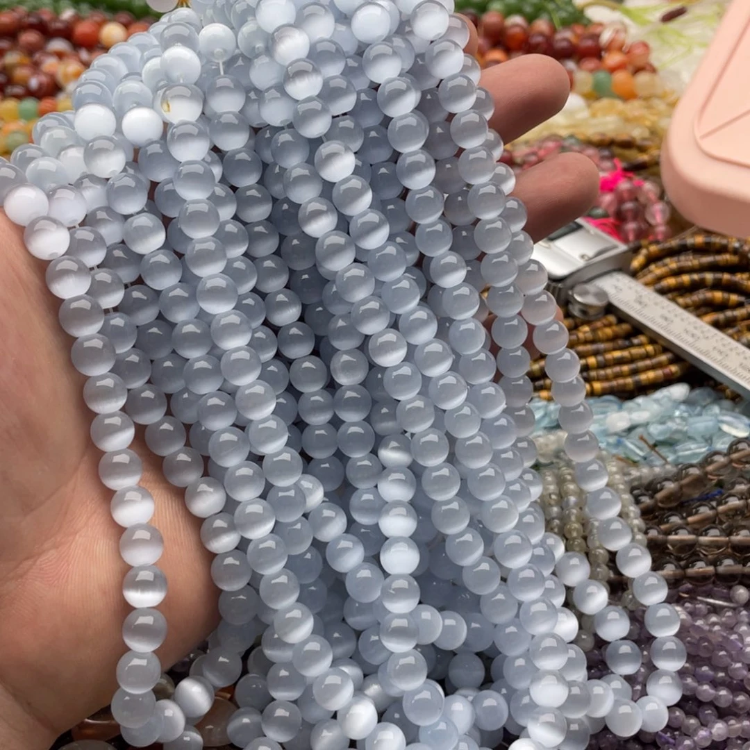 玛瑙/玉髓未镶嵌珠宝半成品两条装卡7+mm浅绿色猫眼圆珠