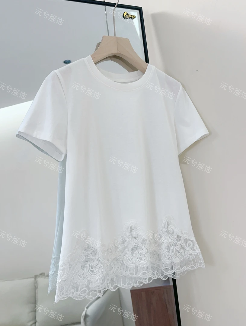 【浅夏】2025夏季气质蕾丝拼接短袖百搭显瘦上衣女宽松休闲