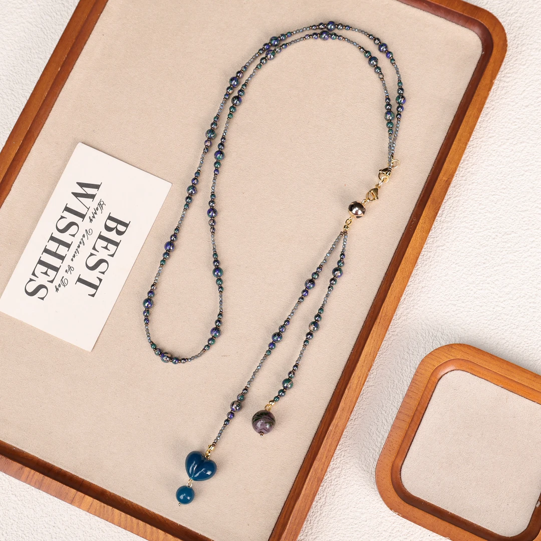 合金项链 LZ4816藏青色屁桃紫色凤尾小米珠大长链琉璃项链