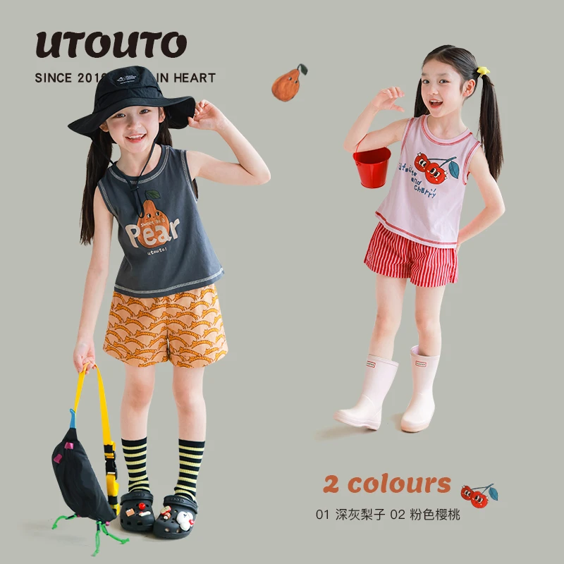 utouto大耳象女童撞色线水果印花背心2025夏季新款薄上衣2403912