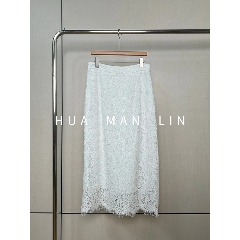 【花满林】两侧松紧腰后拉链蕾丝白色半身裙245455