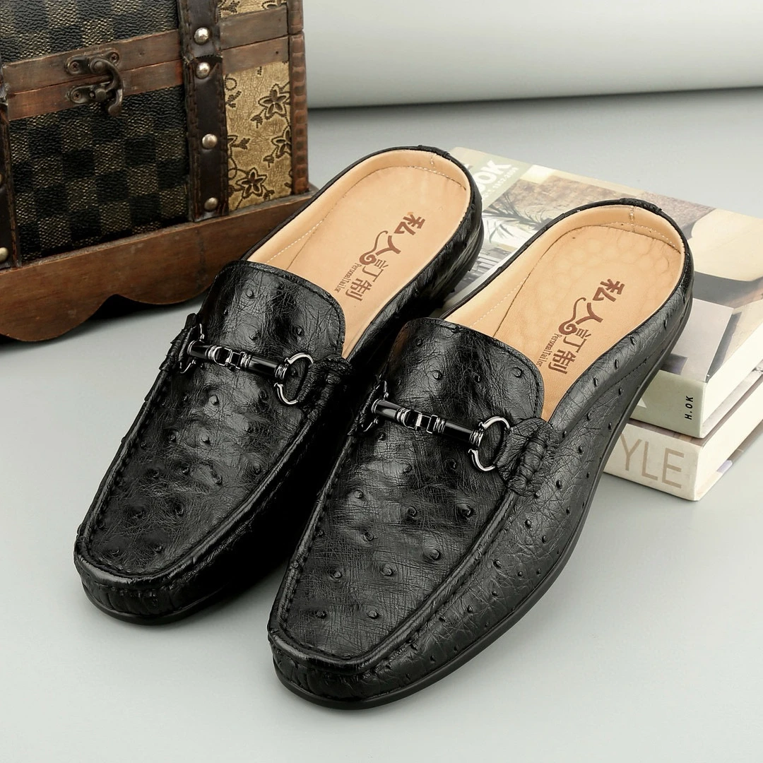 进口鸵鸟皮鞋男真皮男士豆豆乐福鞋脚蹬懒人软底休闲半拖百搭新款