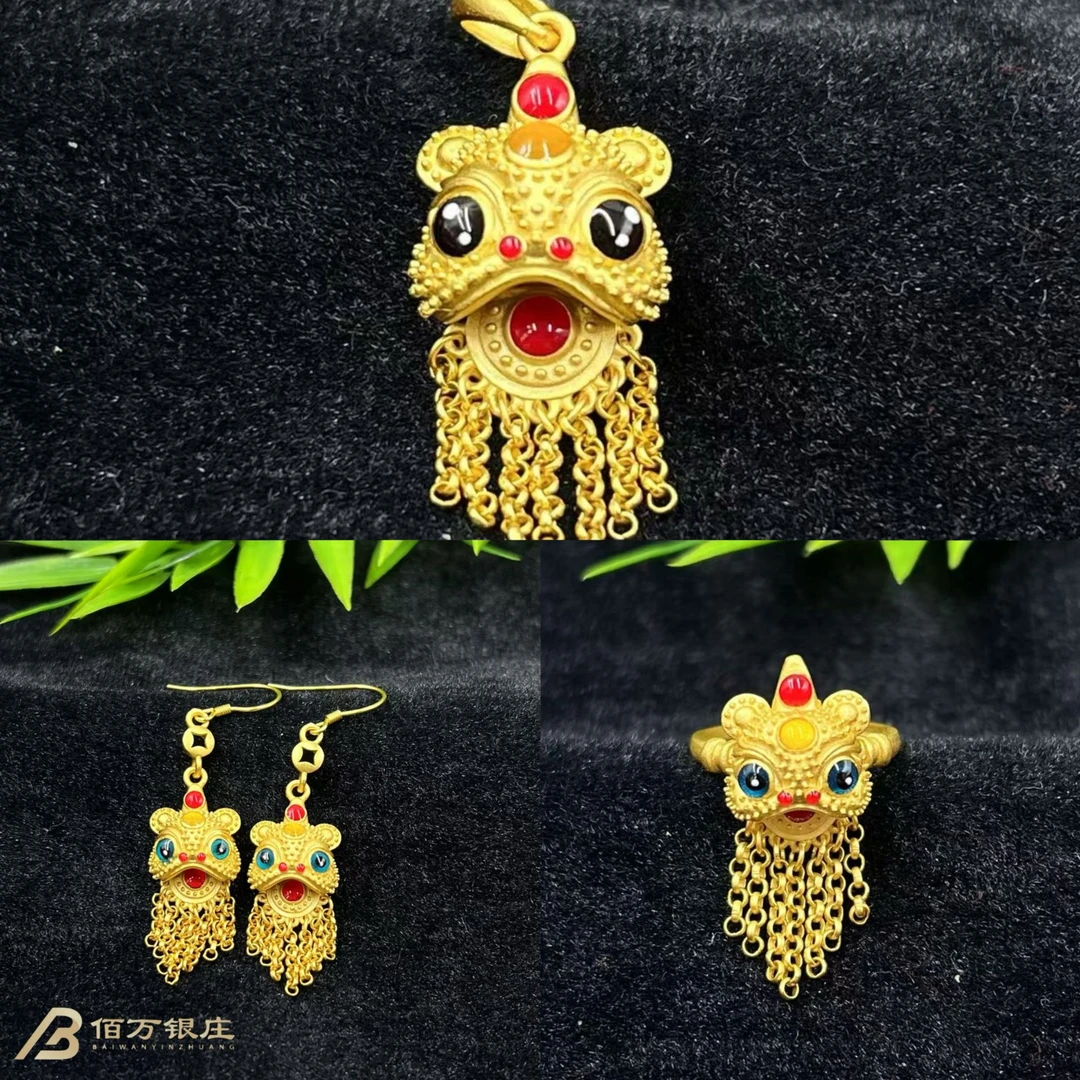 925银耳饰 【佰万银庄】S925银金猊摇璎醒狮黄色珐琅彩流苏国风耳坠