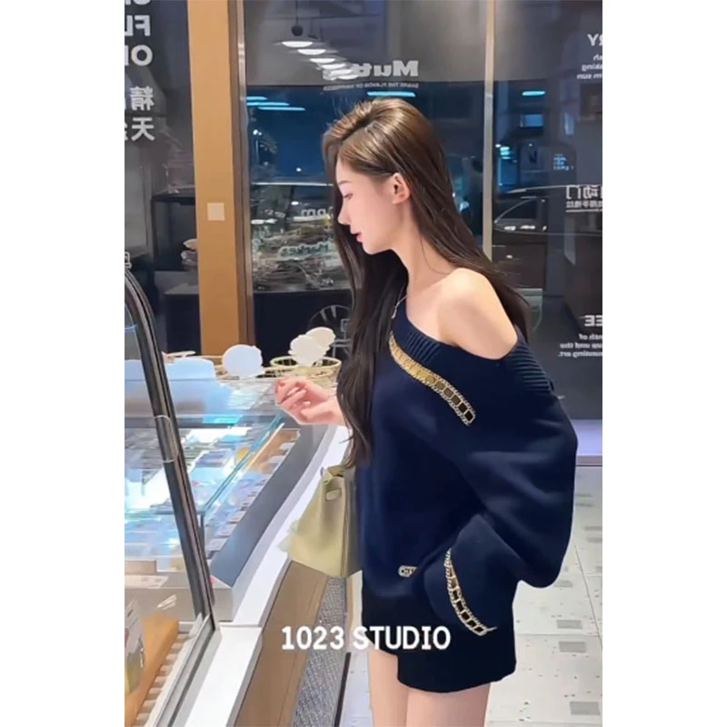 2025秋季新款时尚韩系洋气减龄辣妹风漏肩长袖针织衫高腰百搭短裤