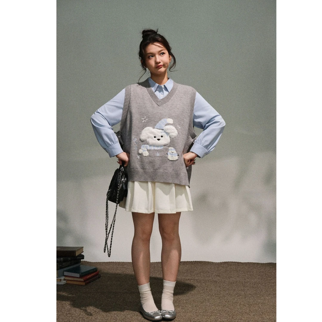 冬季新款小狗毛织马甲背心V领微胖百搭显瘦大码胖mm 0447