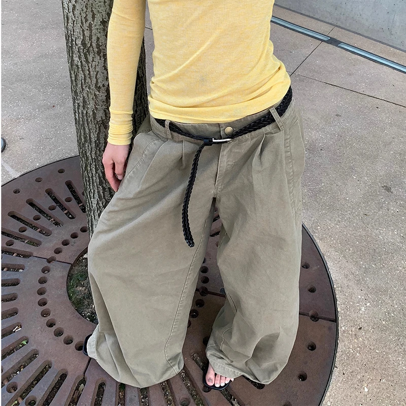 TWOMILLIOM宽松阔腿褶皱休闲直筒长裤女水洗做旧阔腿休闲拖地裤子