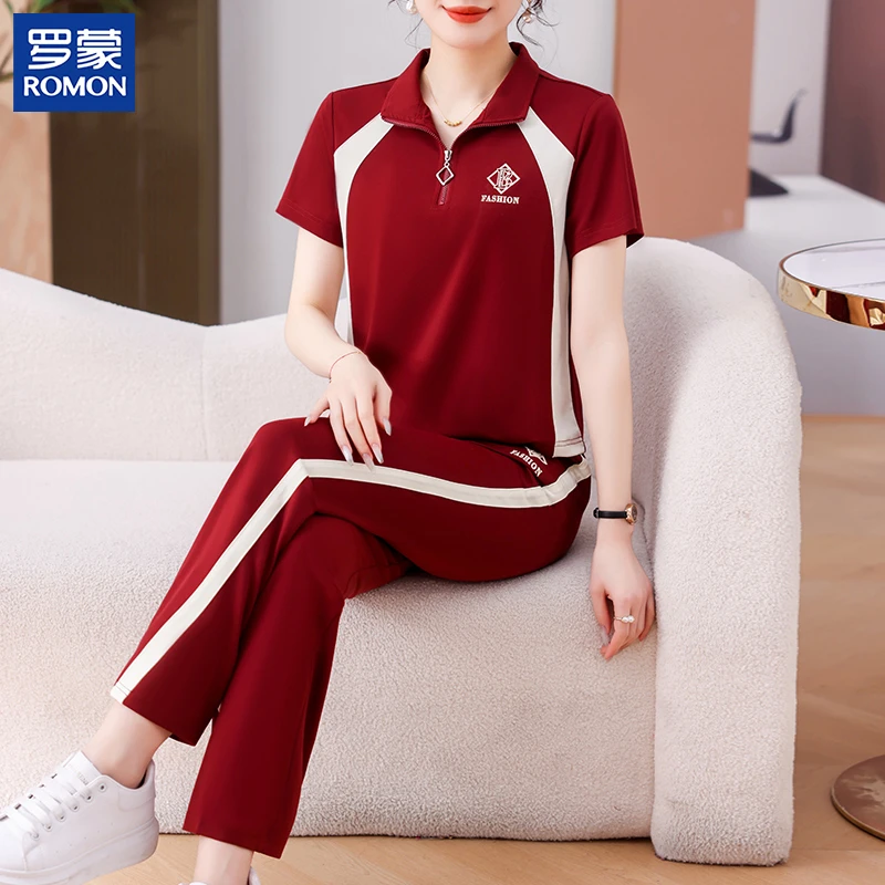 罗蒙名牌妈妈夏装休闲套装中老年女士宽松短袖减龄新款t恤两件套