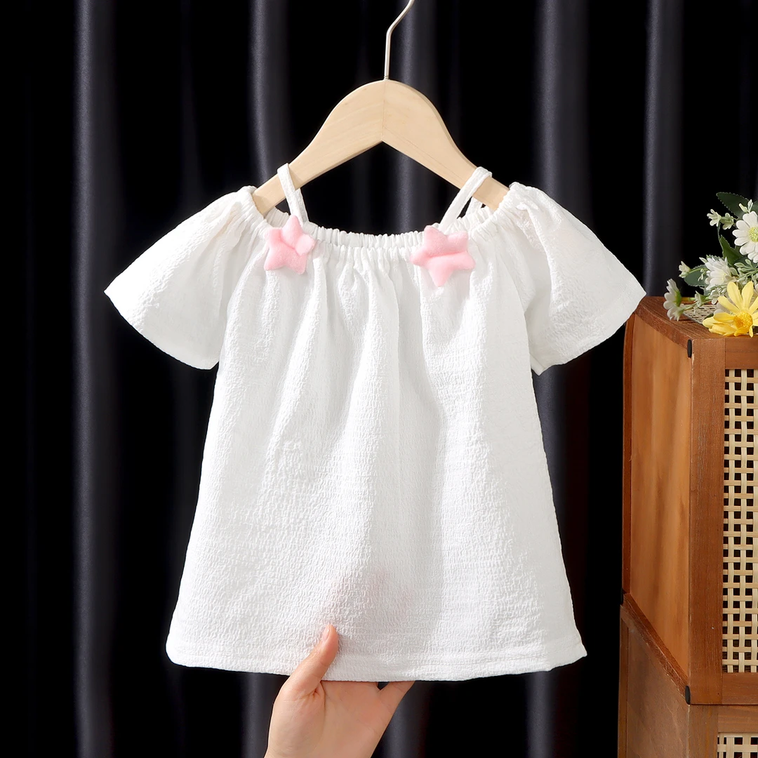 A类纯色公主风可爱星星短袖女童T恤小女孩童装可爱超萌儿童衣服