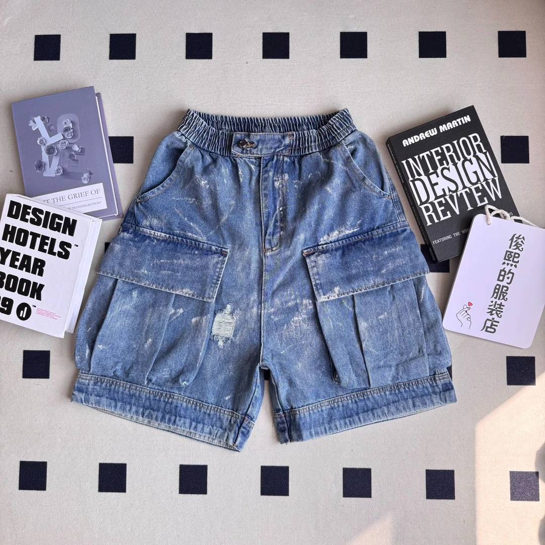 潮牌痞帅经典大口袋泼墨牛仔短裤 精品做工 宽松版型破洞
