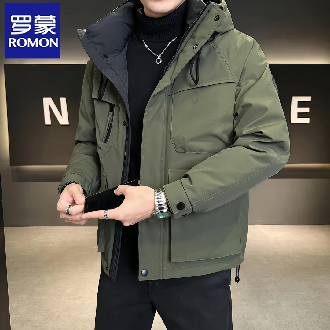 Romon/罗蒙高级男士羽绒服2025冬季加厚休闲宽松男士连帽鸭绒外套