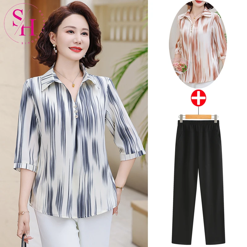 妈妈夏装衬衫气质中袖新款中老年女春夏洋气小衫宽松T恤薄款上衣