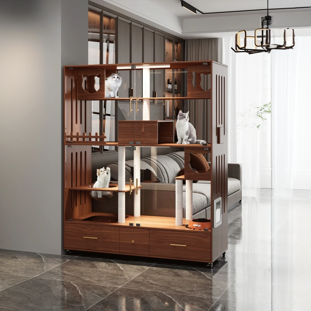 猫别墅实木新中式客厅隔断猫笼猫砂盆带厕所一体家用玄关落地双面
