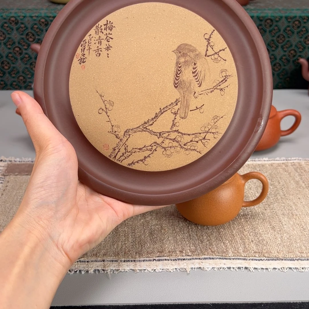茶壶紫砂紫泥粉浆刻绘高端小鸟壶承19c m