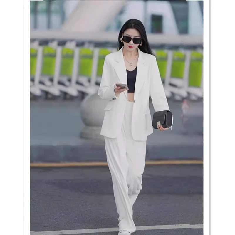 高级白色西装套装早秋大码女装胖mm休闲气质女神范职业西服两件套