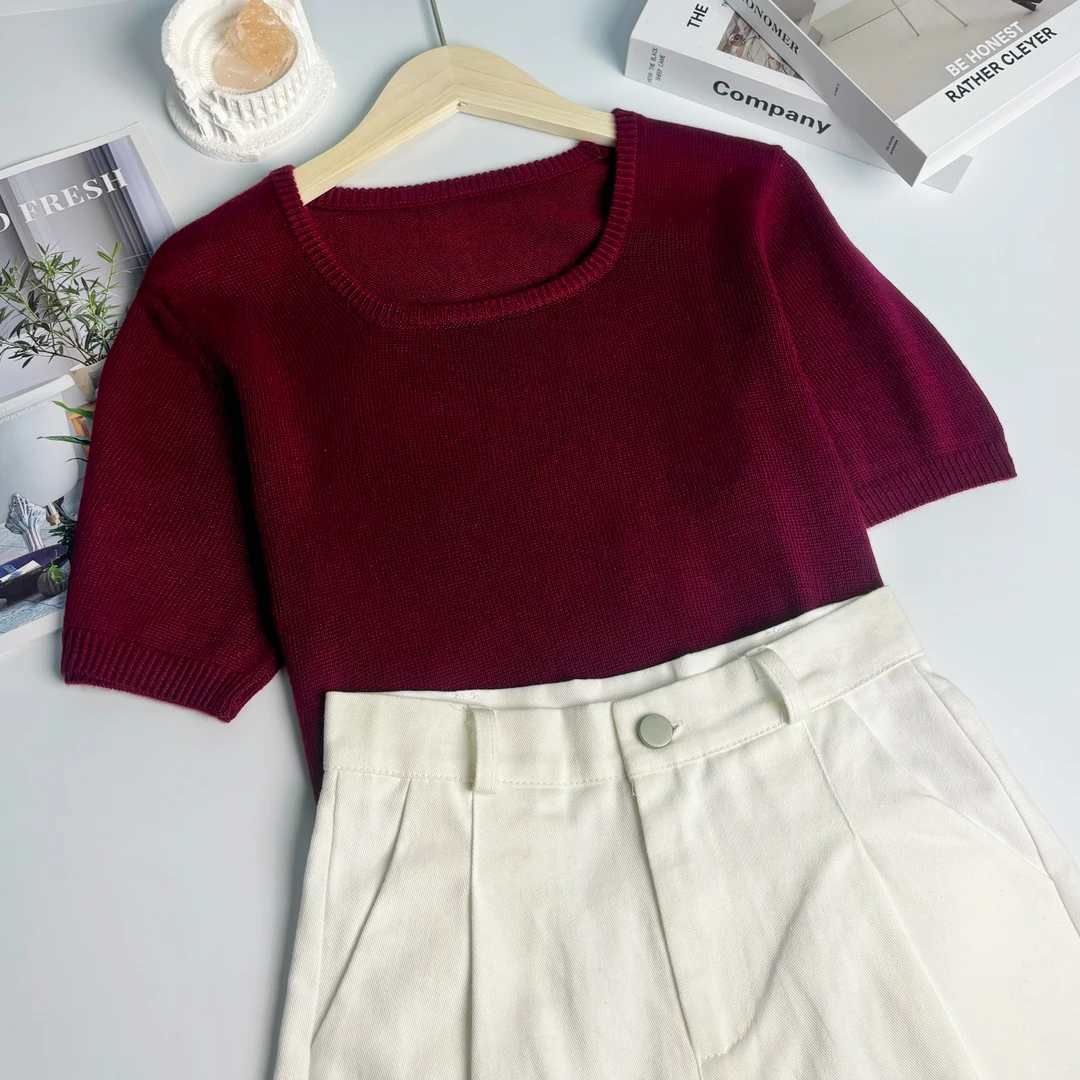 玲姐定制-女新款休闲夏季修身显瘦正肩针织短袖159519