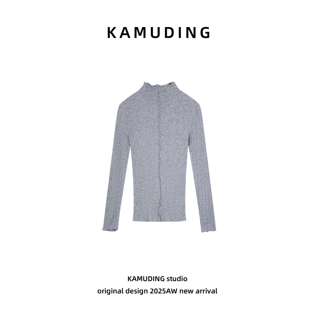 KAMUDING2025新款A72软糯木耳边修身内搭打底立领针织衫25354