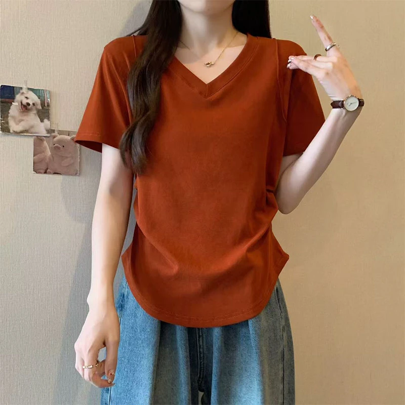 大码独特小众正肩V领纯色短袖t恤女设计夏季新款百搭收腰显瘦上衣