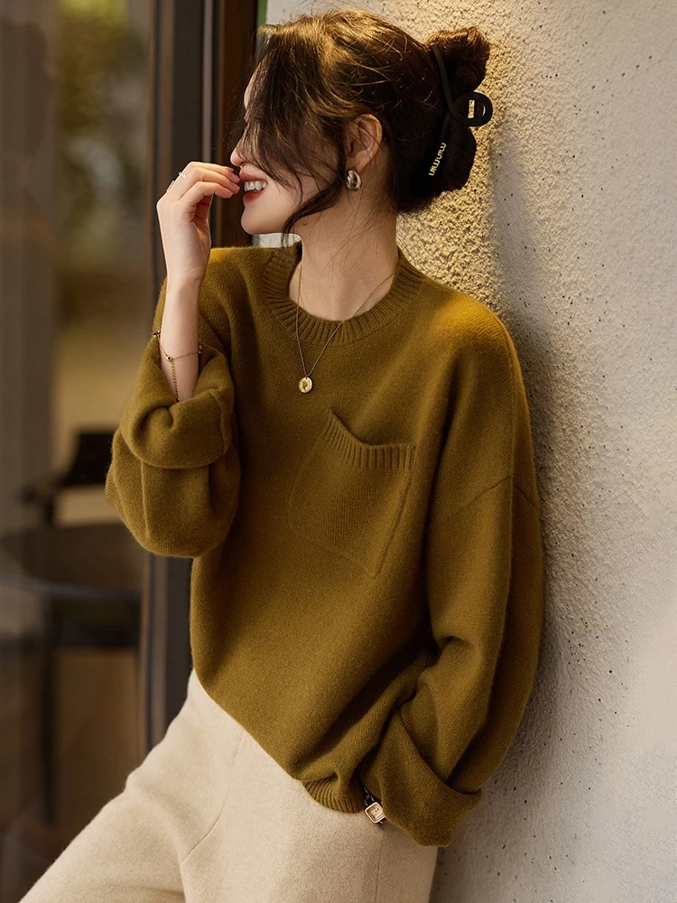 重磅圆领山羊绒女衫加厚廓形针织套衫软糯毛衣