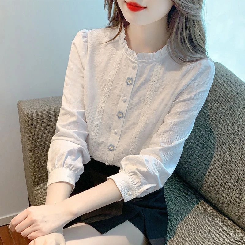 高级感木耳领衬衫女秋装2025韩版新款刺绣提花上衣宽松长袖衬衣
