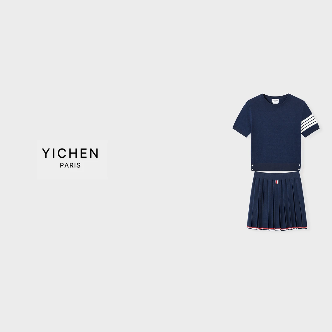 YC 经典藏蓝色彩条四杠针织短袖/彩条压不规则针织半裙-6210