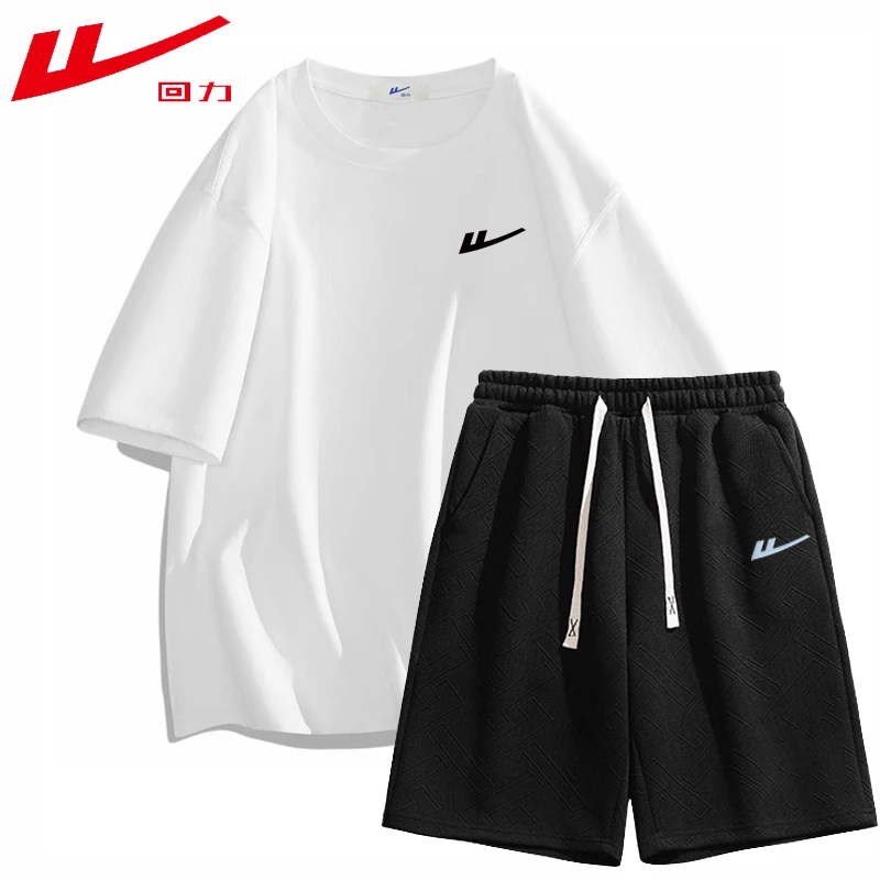 回力夏季青年休闲简约宽松运动套装短袖T恤松紧短裤两件套男女潮