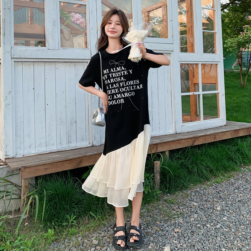 慵懒风撞色拼接印花连衣裙女夏季新款2025设计感小个子显瘦A字裙