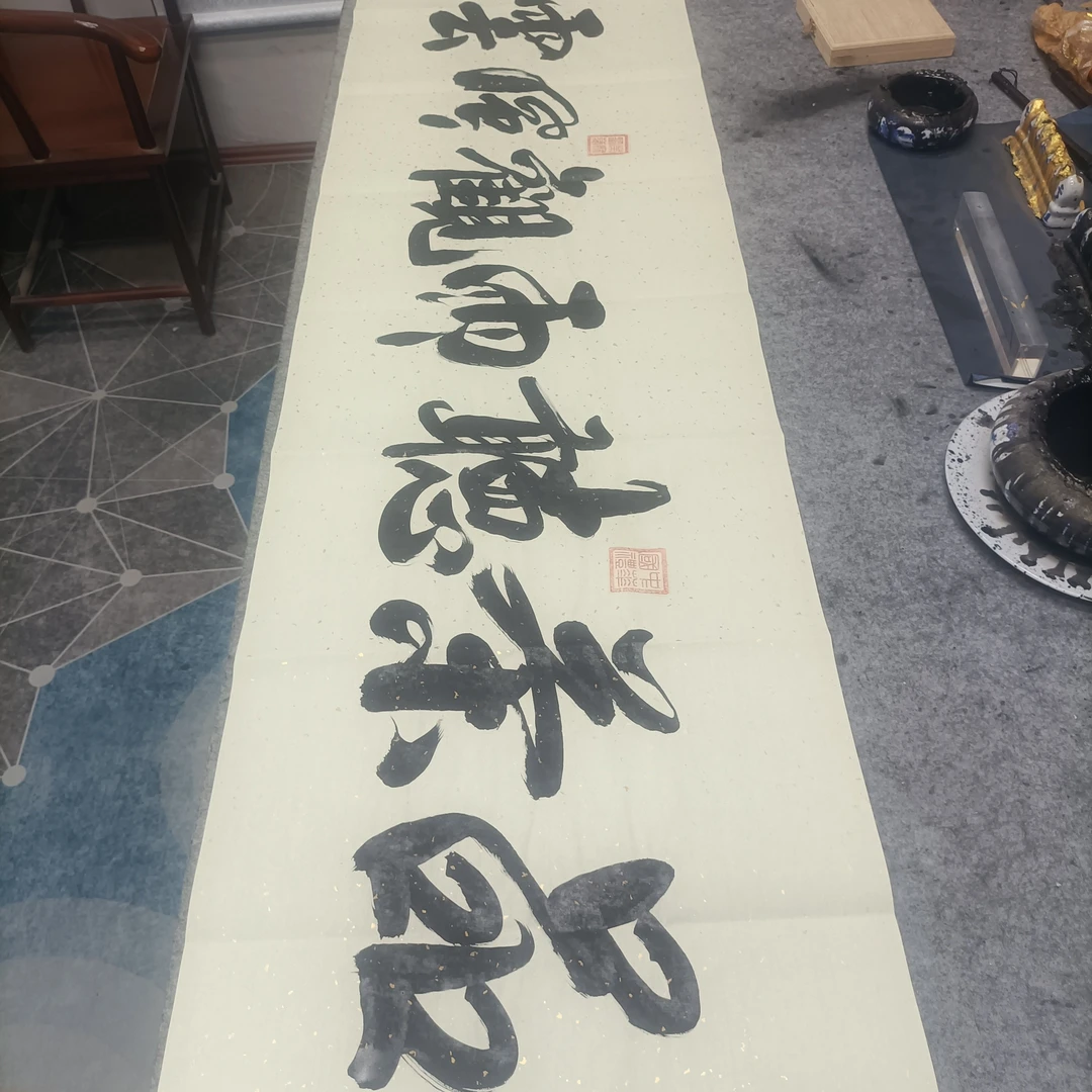 刘圣福老师/品茶听雨观风云/6尺防古 宣纸/180*48/手写/