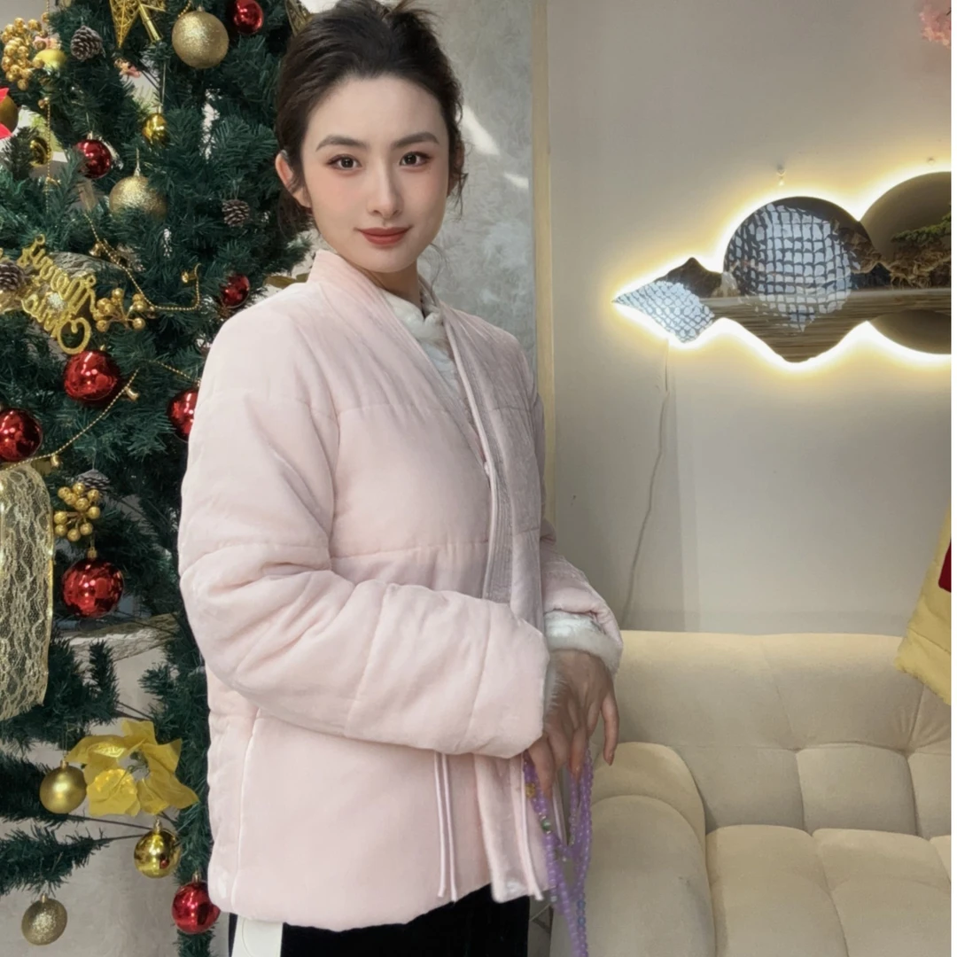 【飞哥女装】樱花粉V领桑蚕丝丝绒轻奢保暖棉服中式时尚外套218067