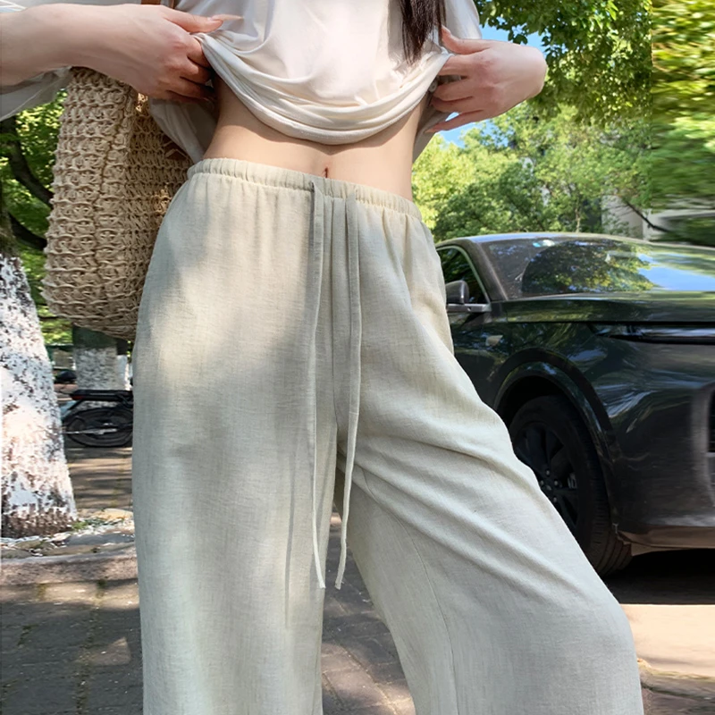 2025年新款亚麻冰丝阔腿裤女夏季高腰垂感宽松显瘦棉麻直筒运动裤