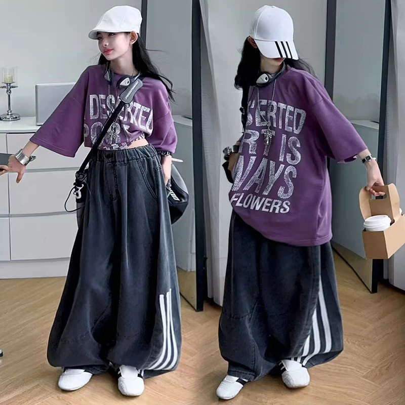 美式复古高街字母紫色短袖T恤女童夏季oversize半袖哈伦裤潮