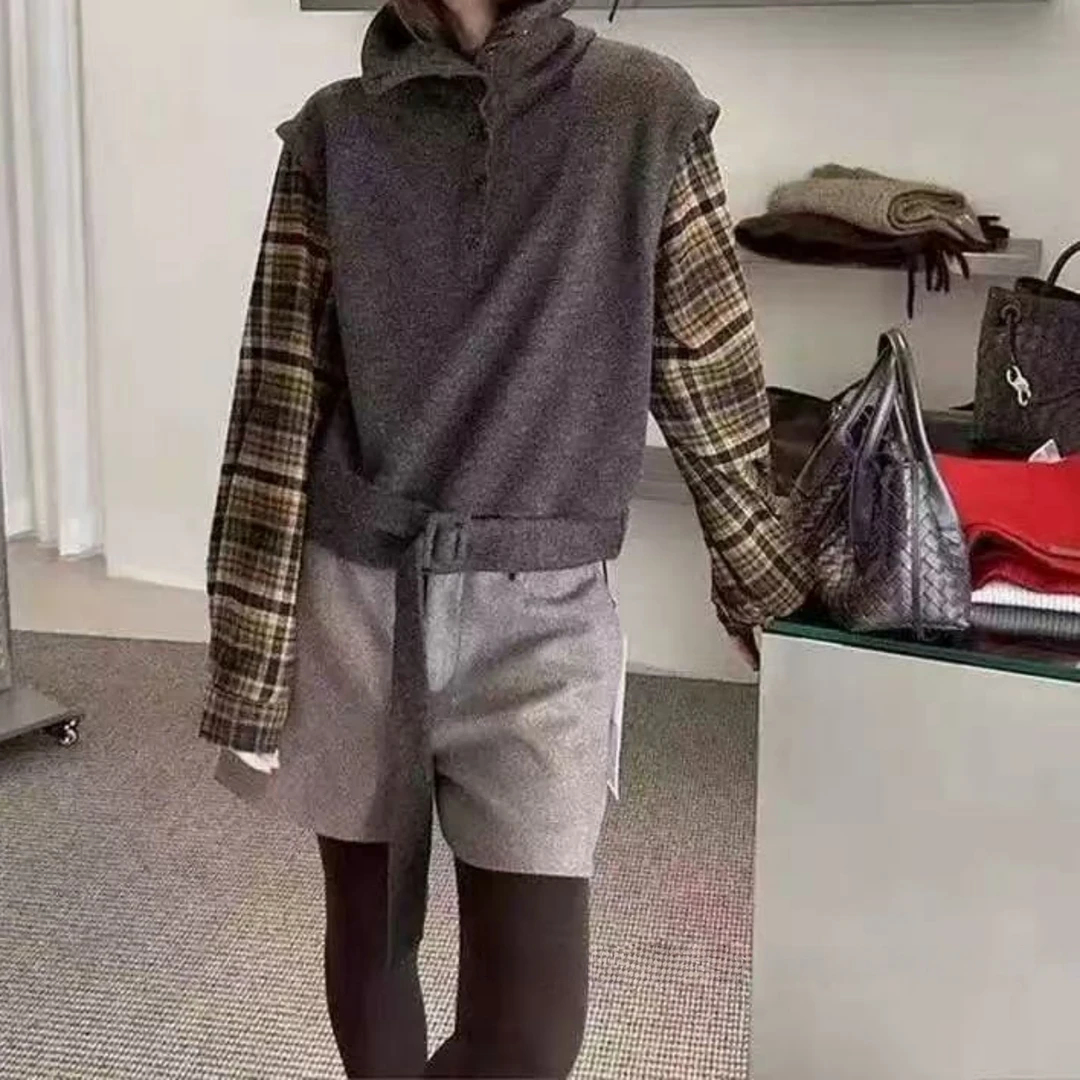 Manmi    格纹拼接假两件套头羊毛上衣  66395（C4）