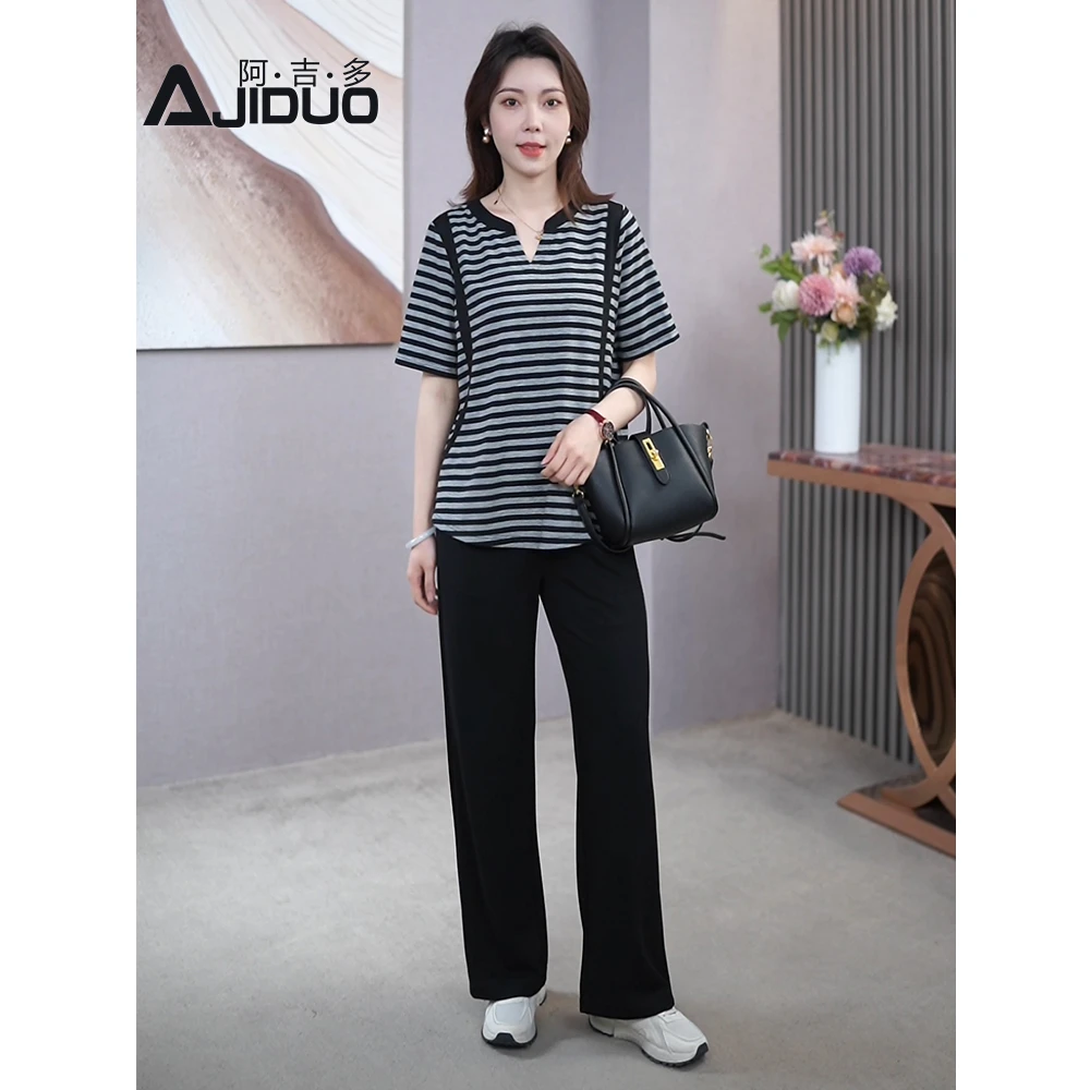 A31662时尚休闲大码套装女夏装2025新款洋气条纹上衣阔腿裤遮肉
