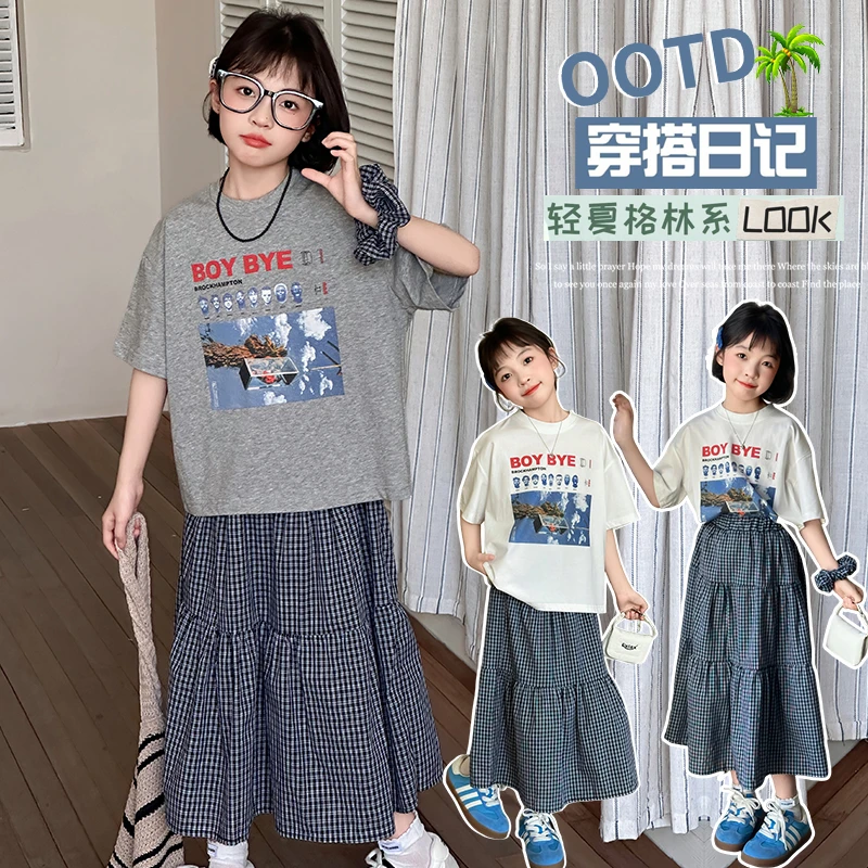 女童套装夏装2025新款洋气女孩时尚卡通T恤中大童休闲t格子半身裙