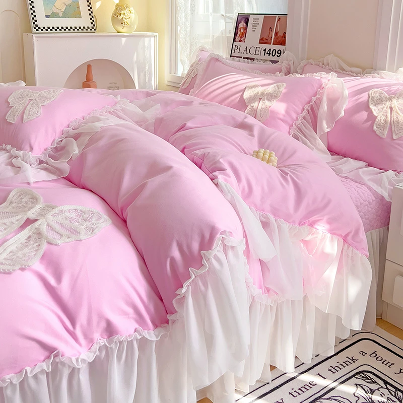 韩版小清新亲肤棉四件套木耳花边被套床单卡通公主风少女四季通用