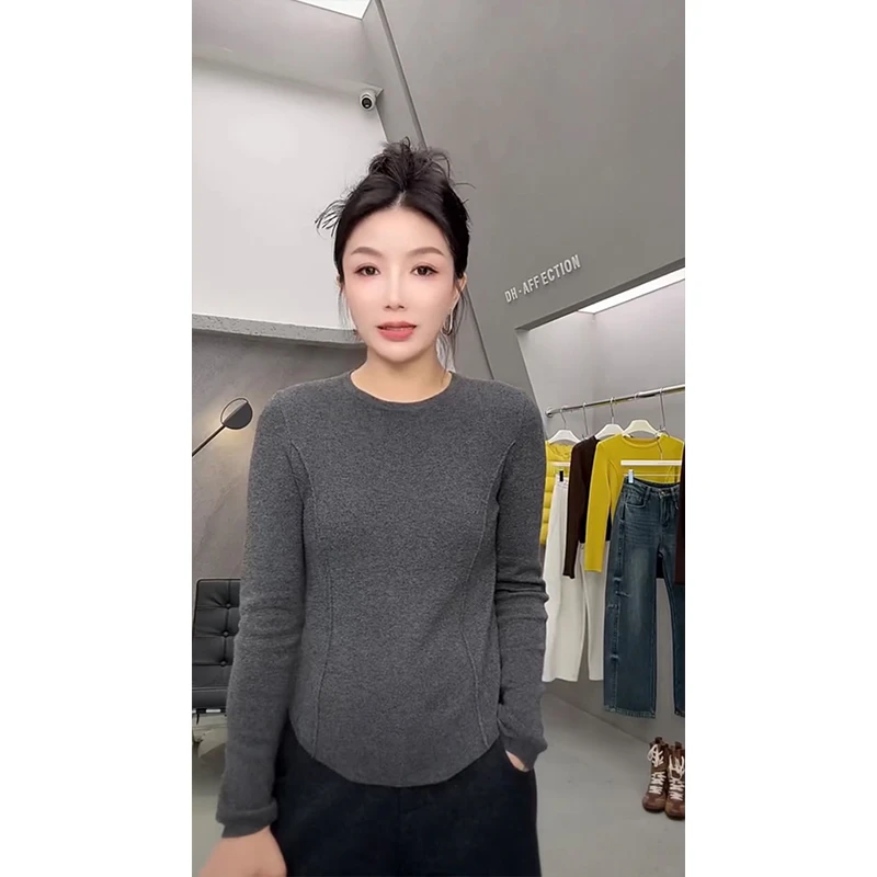 圆领不规则下摆长袖打底衫女初秋新款内搭T恤鱼骨上衣