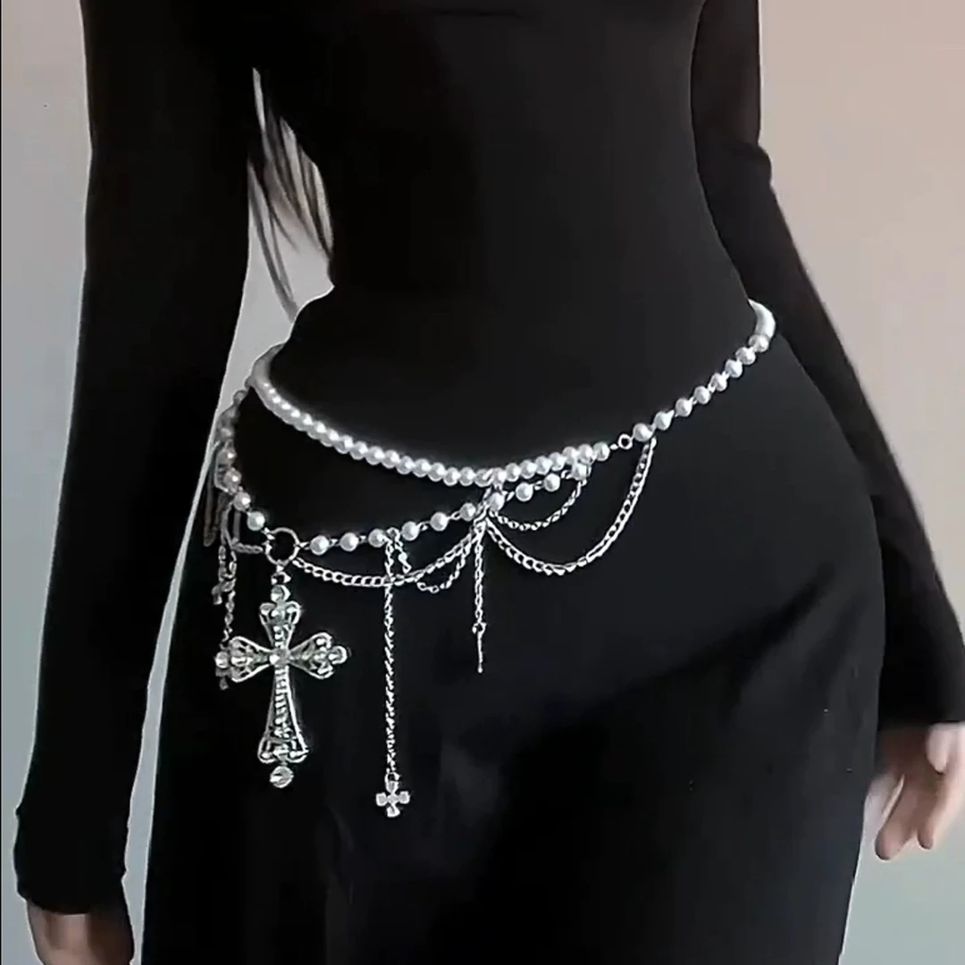 流苏十字架仿珍珠腰链女甜酷辣妹风个性百搭腰带配连衣裙装饰潮