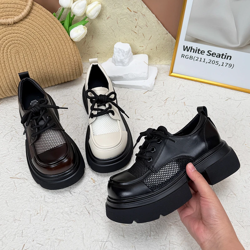 爆款韩版厚底网纱小皮鞋女2025春夏新款系带显脚小舒适轻便乐福鞋