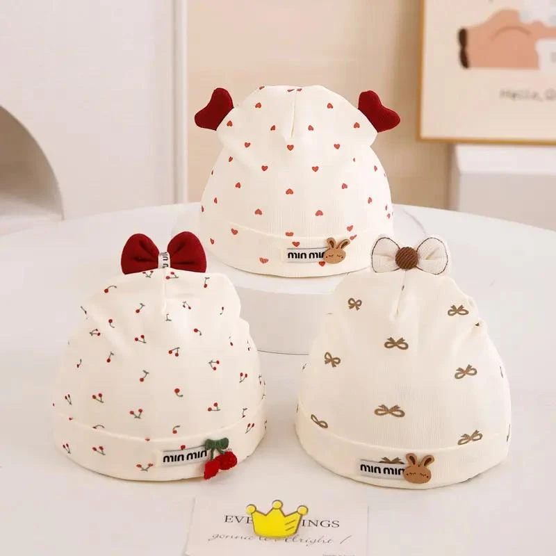 婴儿纯棉胎帽春秋季薄款新生儿帽子波点蝴蝶结无骨小宝宝护囟门帽